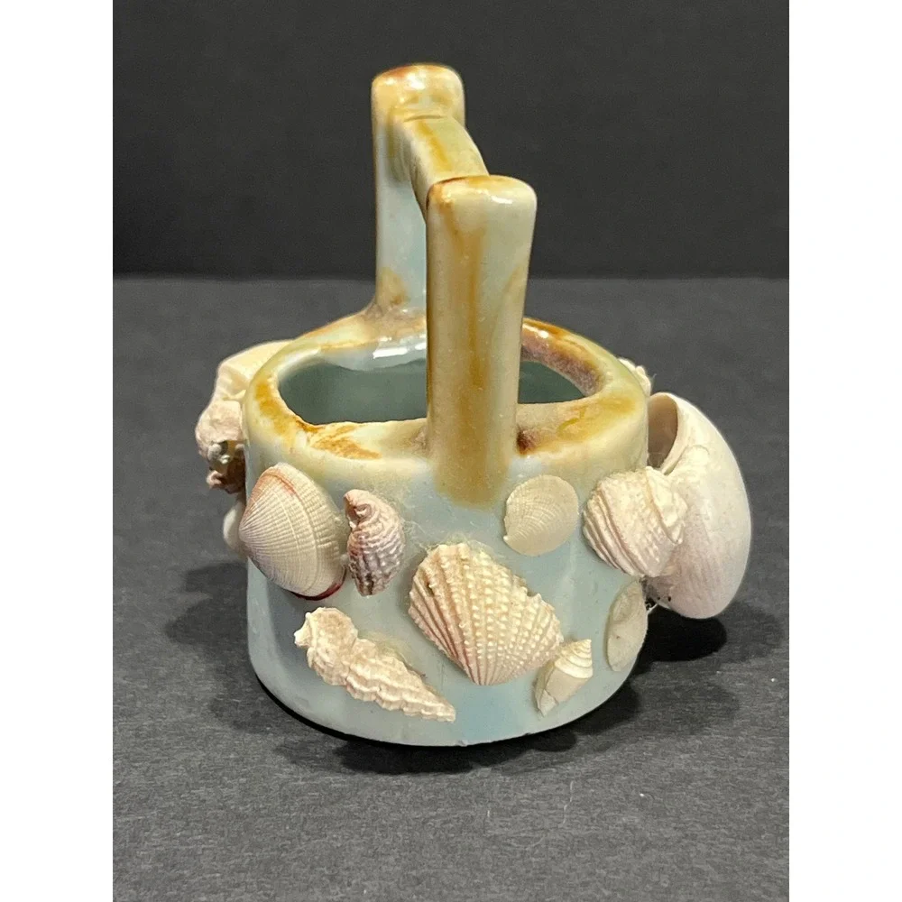 Vintage Miniature Shell Encrusted Ceramic Basket Coastal Beach Decor Trinket Cup